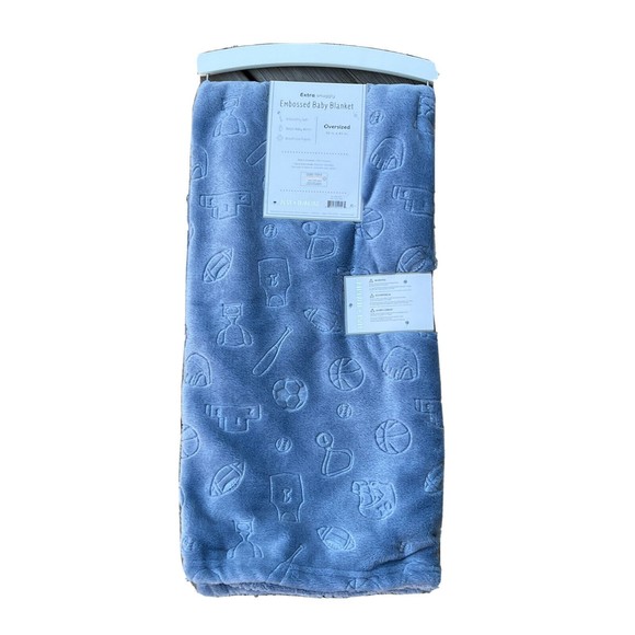 New Just Imagine Sports Theme Embossed Baby Blanket Blue Basketball Soccer Ball - Picture 1 of 6